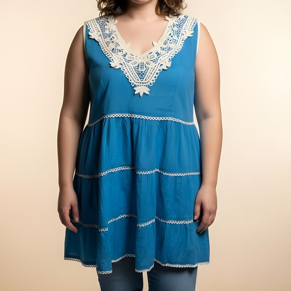 SOL Clothing blue crochet embellished ruffle tiered top - L